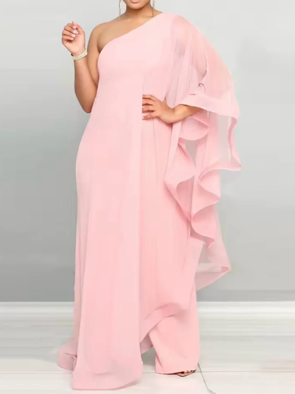 NWT One-Shoulder Pink Jumpsuit - Elegant Draped Evening Jumpsuit - Picture 2 of 3